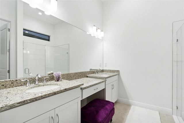 9132 Bernini Pl, Sarasota, FL 34240 - full bath with double vanity, a shower stall, and tile patterned floors