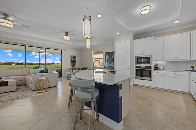 23503 Waverly Cir, Venice, FL 34293 - kitchen featuring appliances with stainless steel finishes, a sink, crown molding, open floor plan, and a tray ceiling