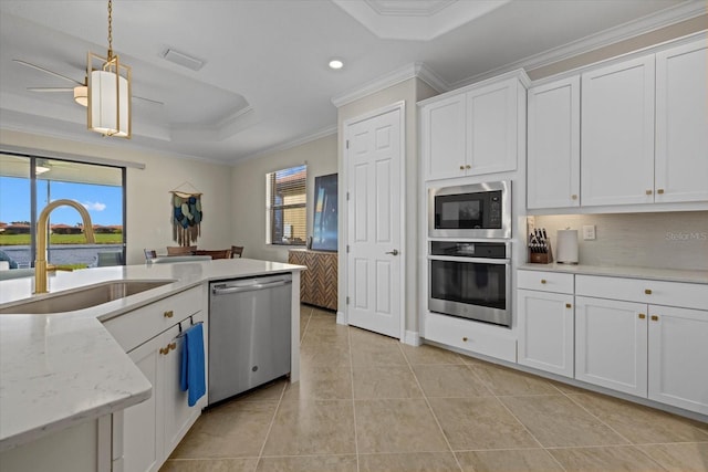 23503 Waverly Cir, Venice, FL 34293 - kitchen with stainless steel appliances, a sink, healthy amount of natural light, a tray ceiling, and ornamental molding