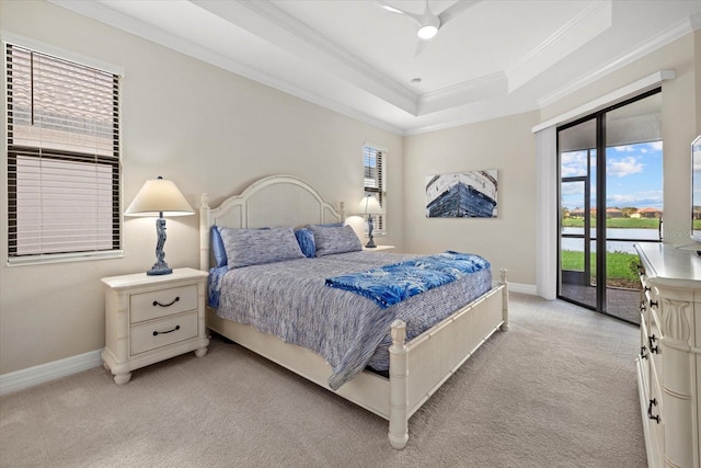 bedroom with light carpet, access to outside, a raised ceiling, crown molding, and ceiling fan