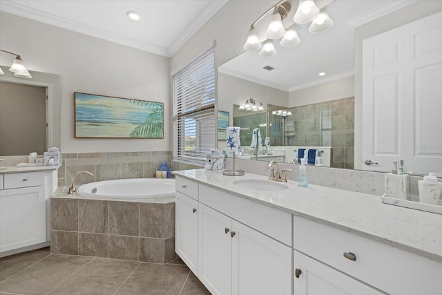 bathroom featuring vanity, separate shower and tub, tile patterned floors, and crown molding