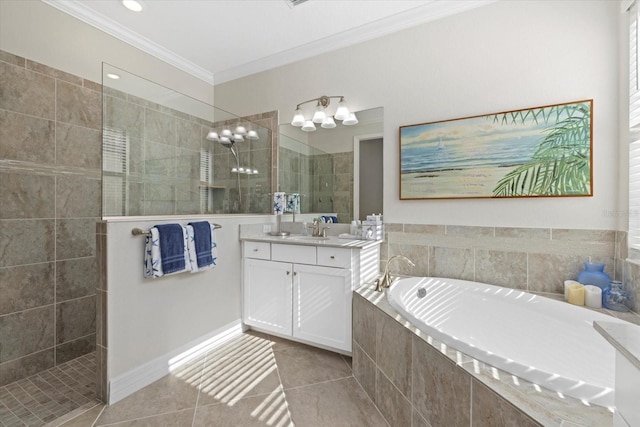 23503 Waverly Cir, Venice, FL 34293 - full bath with ornamental molding, vanity, a bath, tile patterned floors, and walk in shower