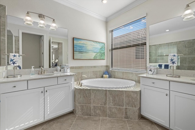 bathroom featuring crown molding, tile patterned flooring, vanity, and independent shower and bath