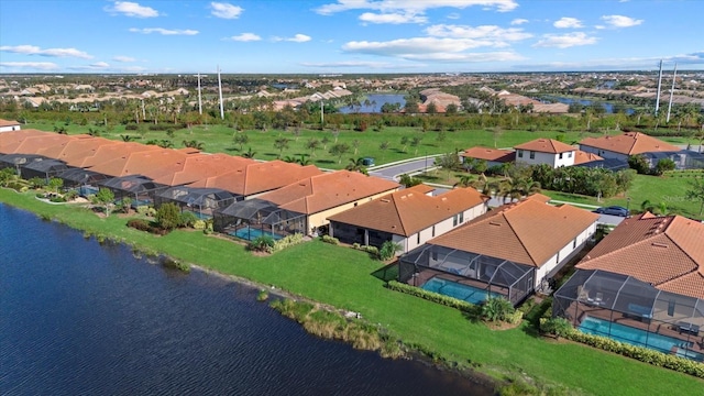 drone / aerial view featuring a water view