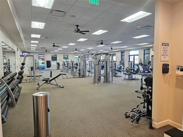 23503 Waverly Cir, Venice, FL 34293 - workout area featuring carpet, baseboards, a paneled ceiling, and a ceiling fan