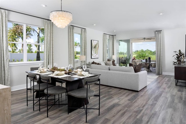 dining room with ceiling fan with notable chandelier and dark hardwood / wood-style flooring