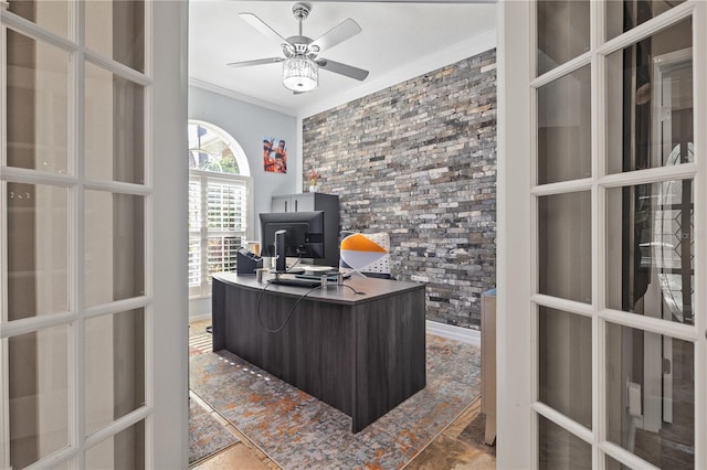 home office featuring french doors, ceiling fan, and ornamental molding