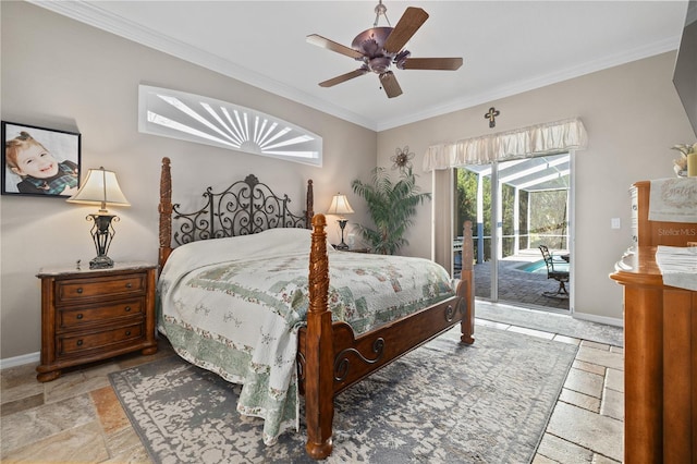 bedroom with ceiling fan, access to exterior, and ornamental molding