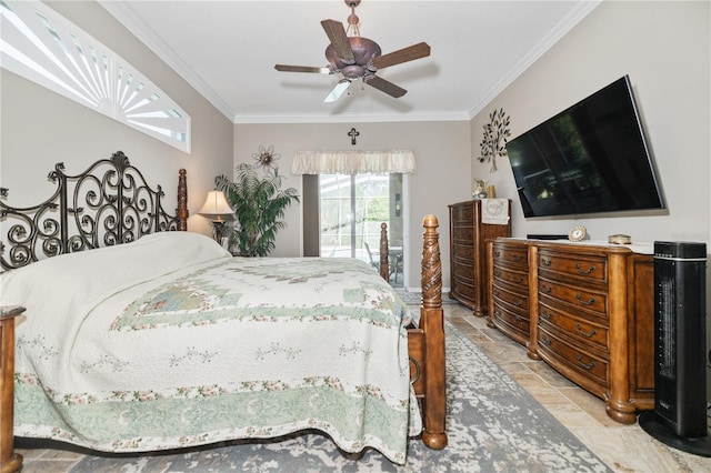 bedroom featuring access to outside, ceiling fan, and crown molding