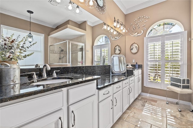 bathroom featuring ornamental molding, vanity, and a shower with shower door