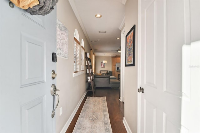 hallway featuring dark wood-type flooring