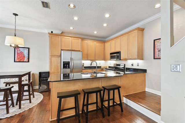 102 S Moody Ave Unit 3, Tampa, FL 33609 - kitchen featuring appliances with stainless steel finishes, a sink, ornamental molding, light brown cabinetry, and a peninsula