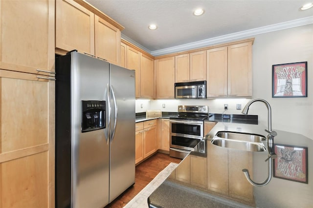 kitchen with sink, crown molding, stainless steel appliances, dark hardwood / wood-style floors, and light brown cabinetry