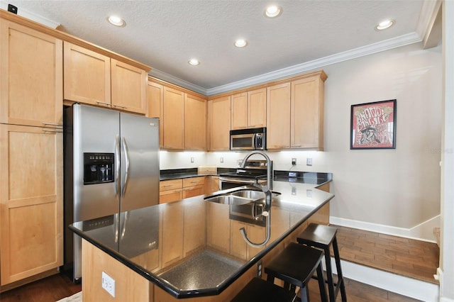 kitchen featuring stainless steel appliances, light brown cabinetry, and an island with sink