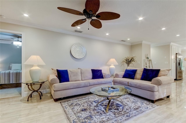 living room with crown molding