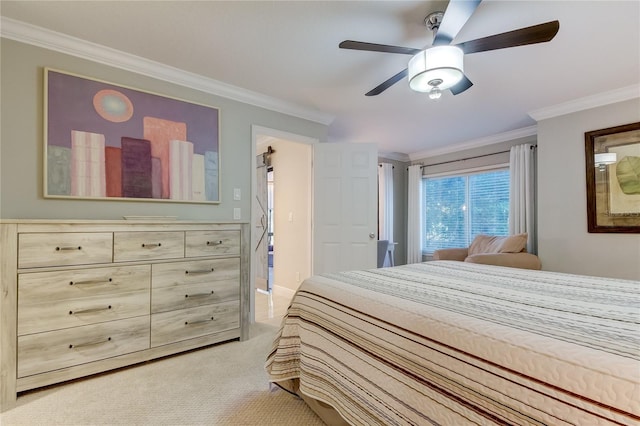 carpeted bedroom featuring ceiling fan and crown molding