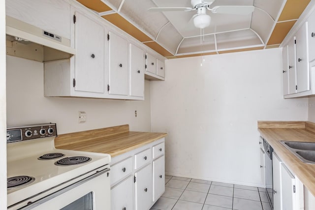 kitchen with ventilation hood, sink, light tile patterned floors, white cabinets, and white range with electric cooktop