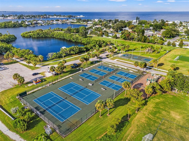 drone / aerial view with a water view