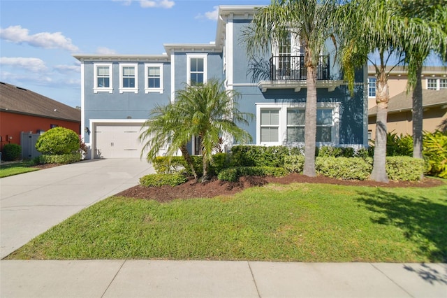 view of front of house featuring a garage, a front lawn, and a balcony