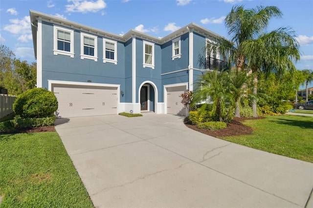 view of front of home with a front lawn and a garage