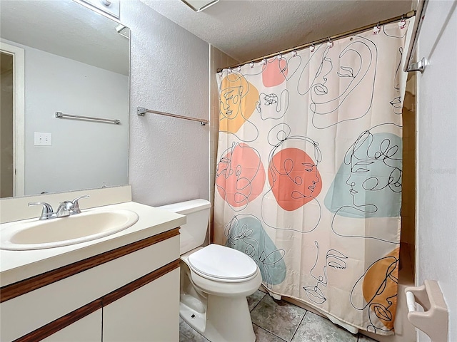 full bath with tile patterned flooring, a textured wall, a textured ceiling, vanity, and toilet