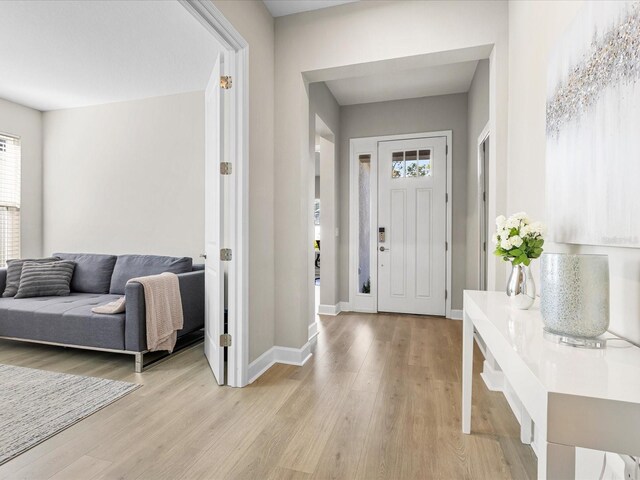 entrance foyer with a healthy amount of sunlight and light hardwood / wood-style floors