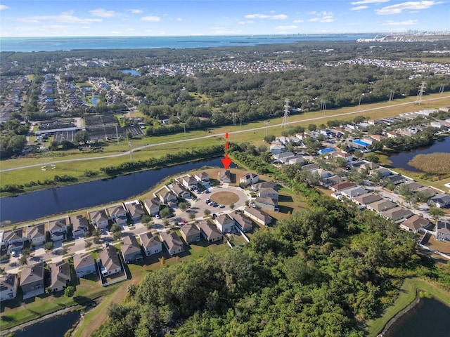 bird's eye view with a water view