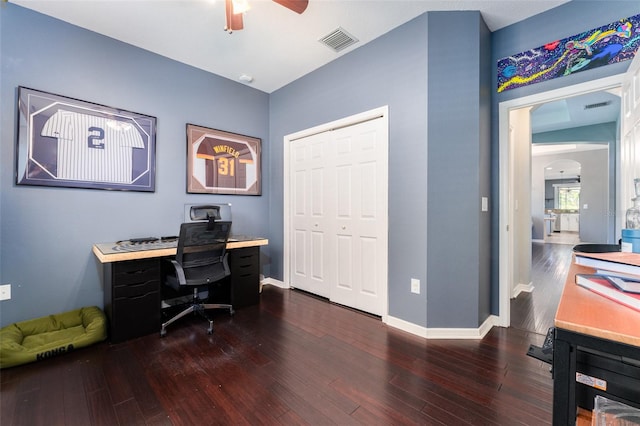 home office with ceiling fan and dark hardwood / wood-style floors