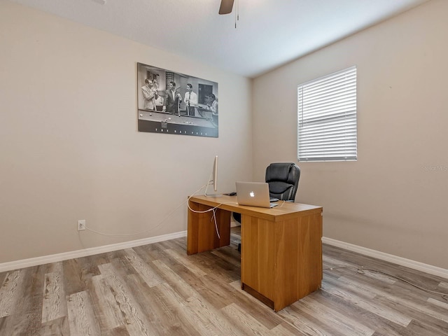 office space featuring ceiling fan and wood-type flooring