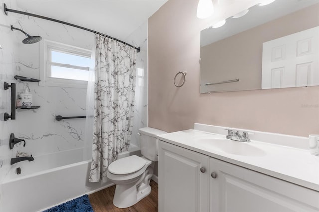 full bathroom with hardwood / wood-style flooring, shower / bath combination with curtain, toilet, and vanity