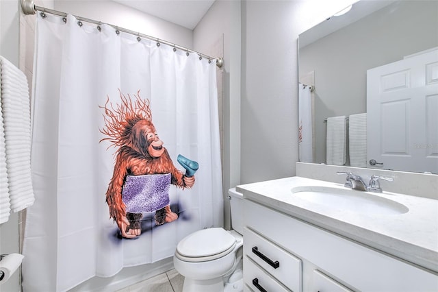 bathroom with vanity, tile patterned flooring, a shower with shower curtain, toilet, and radiator heating unit