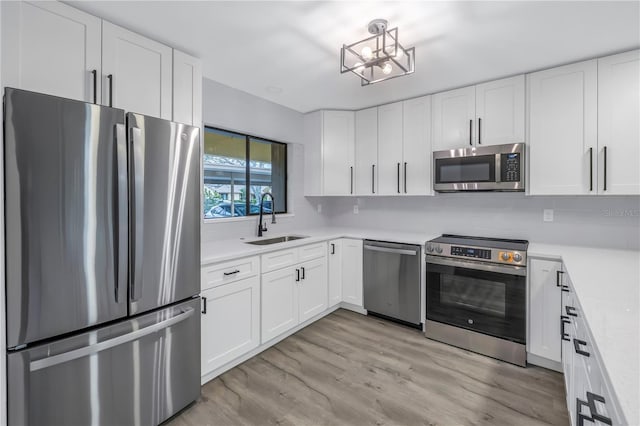 kitchen featuring white cabinetry, stainless steel appliances, decorative backsplash, sink, and light hardwood / wood-style flooring