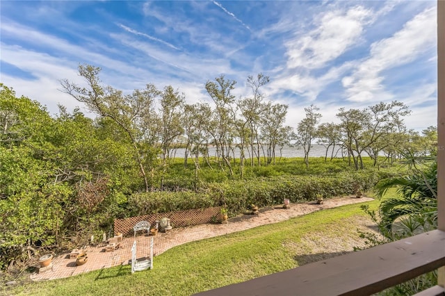 view of yard with a patio area, an outdoor fire pit, and a water view