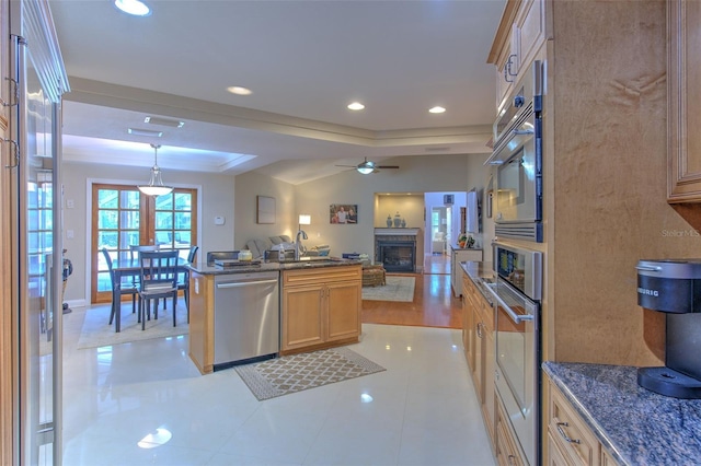 kitchen with sink, hanging light fixtures, ceiling fan, light wood-type flooring, and stainless steel appliances