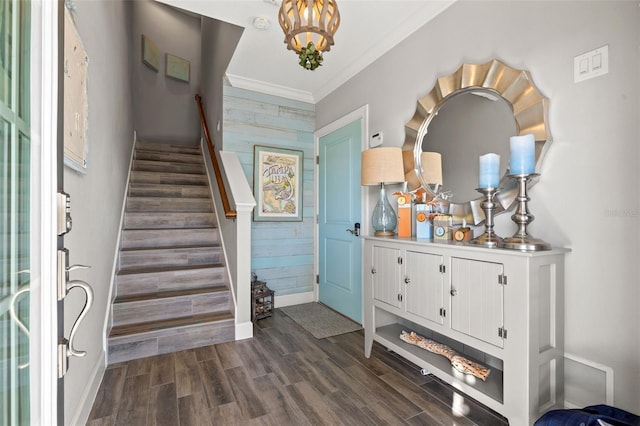 foyer with dark hardwood / wood-style flooring, ornamental molding, and wood walls