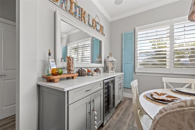 bar with gray cabinetry, a wealth of natural light, dark wood-type flooring, and beverage cooler