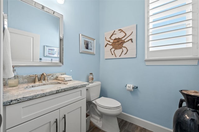 bathroom featuring hardwood / wood-style floors, vanity, and toilet