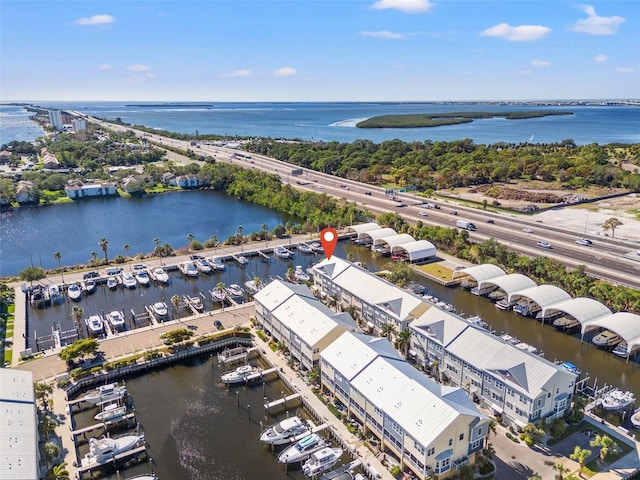 drone / aerial view featuring a water view