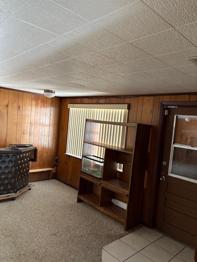 interior space with light carpet and wood walls