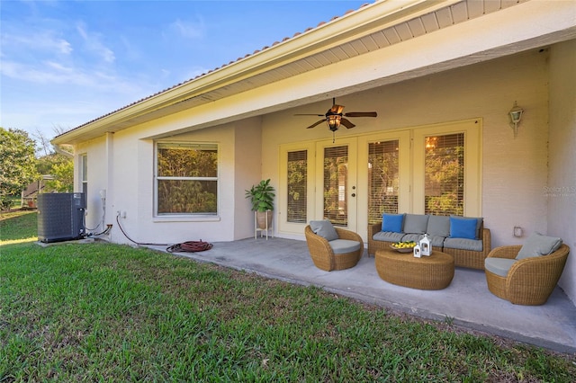 view of patio / terrace featuring an outdoor living space, central AC, and ceiling fan