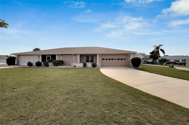 single story home with a garage and a front yard