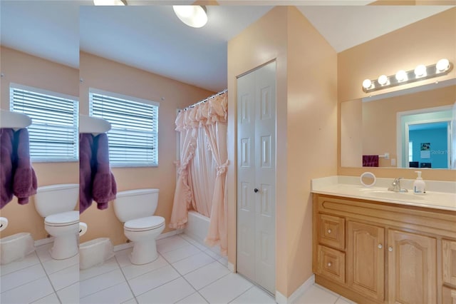 full bathroom featuring tile patterned flooring, vanity, toilet, and shower / bathtub combination with curtain