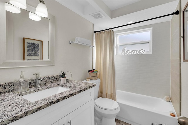 full bathroom featuring shower / bath combination with curtain, vanity, and toilet