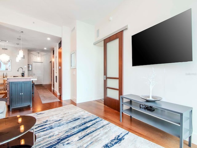 living room with sink and light hardwood / wood-style floors