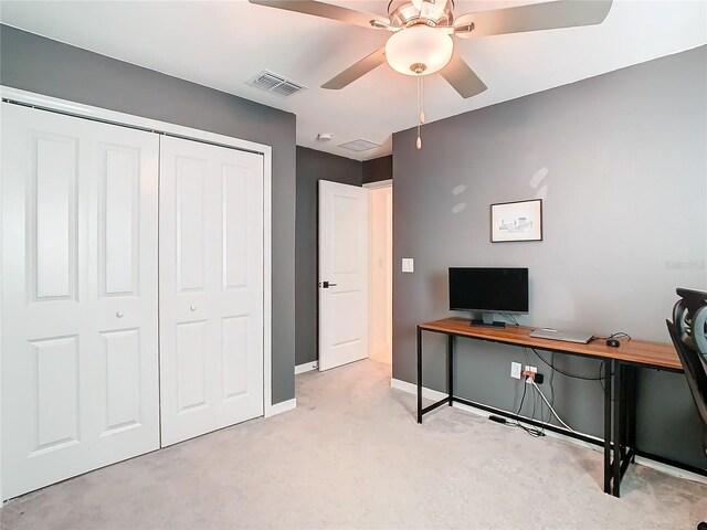 8849 Little Bluestem Dr, Land O Lakes, FL 34637 - office space with a ceiling fan, light carpet, and baseboards