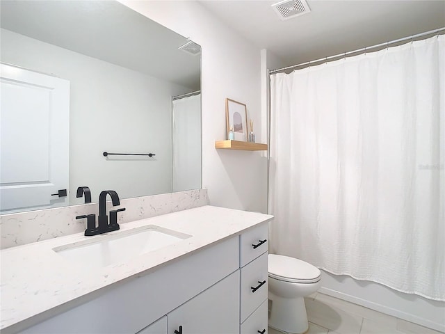 full bathroom featuring tile patterned flooring, vanity, shower / bath combination with curtain, and toilet