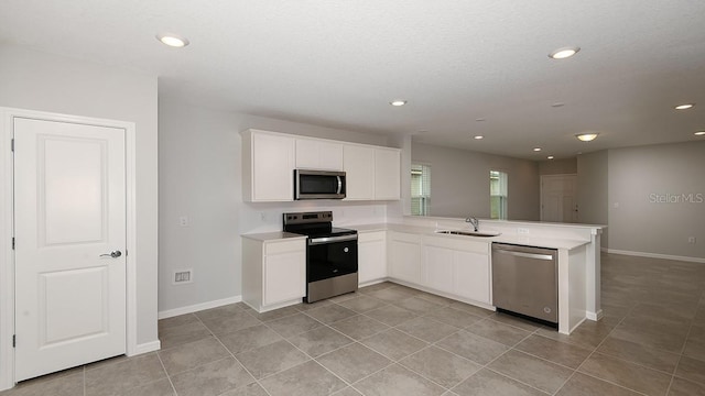 kitchen featuring sink, stainless steel appliances, kitchen peninsula, and white cabinets