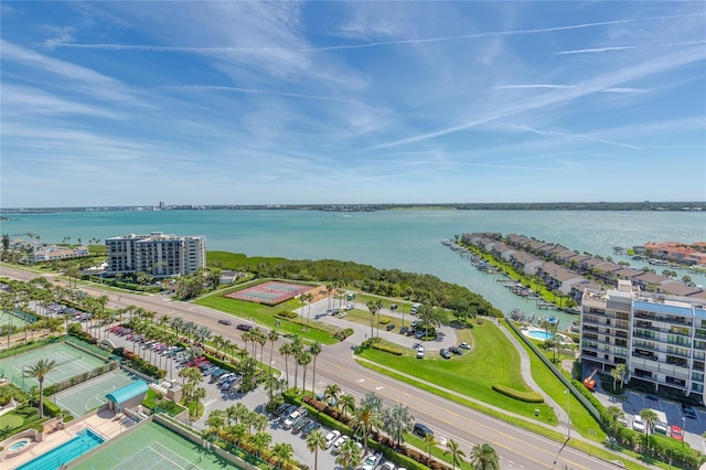 bird's eye view with a water view