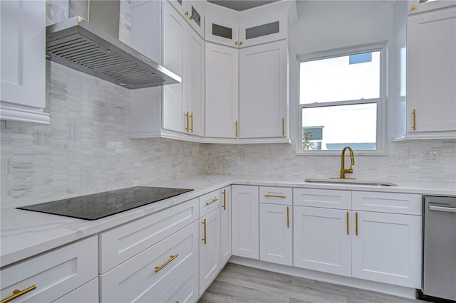 kitchen featuring white cabinets, sink, stainless steel dishwasher, wall chimney exhaust hood, and black electric cooktop