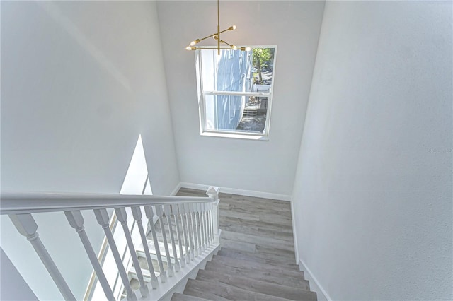 stairway with wood-type flooring and a chandelier